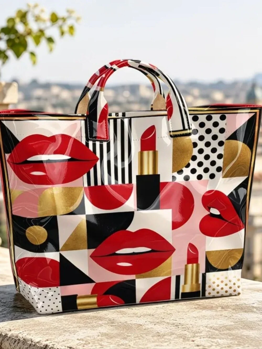 Women Retro Polka Dot Lipstick Print PVC Large Tote Bag